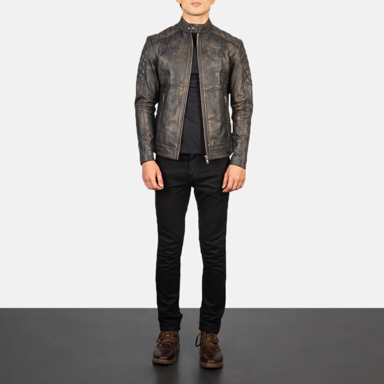 Mens Fernando Quilted Distressed Brown Leather Biker Jacket Full Length-2-1634129078718